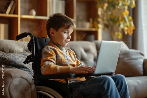 Disabled young boy sitting in wheelchair with laptop at home