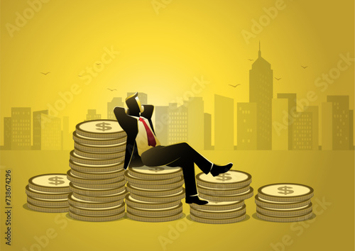 A businessman relaxing while sitting on pile of money