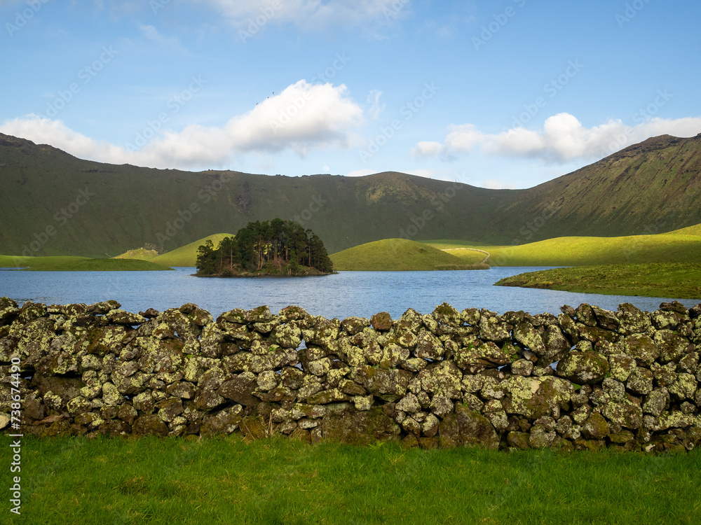 Stone wall by the lake in Caldeirão do Corvo