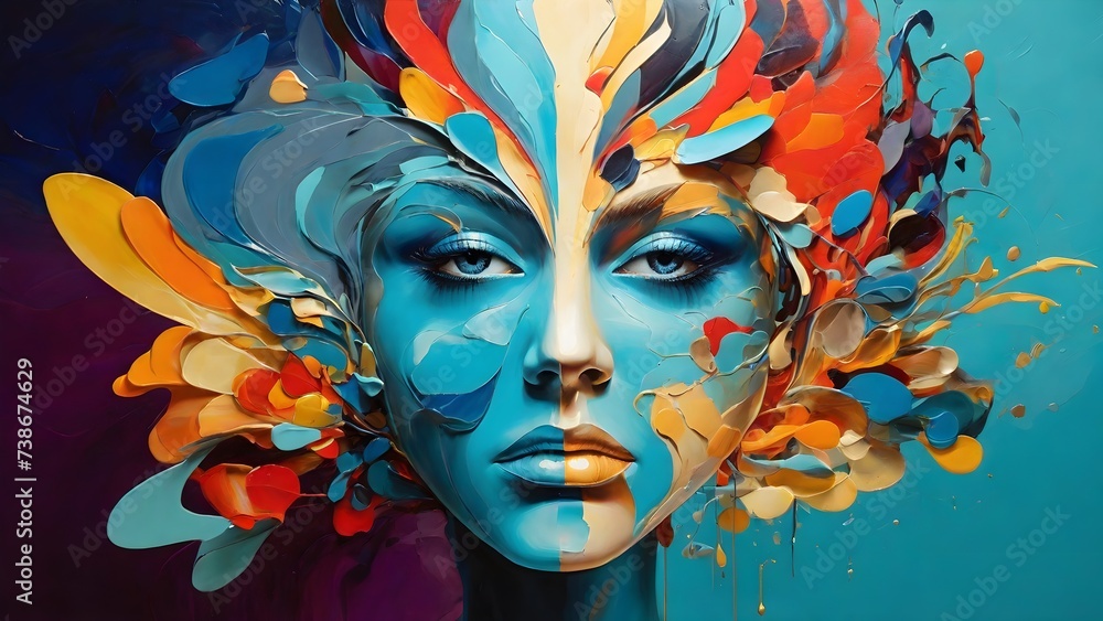 A painting of a woman's face with scattered head in oil painting, Mental health painting, Women mental health problem concept, Depressed Women in Art Deco Style and Psychedelic Visuals, AI-generated