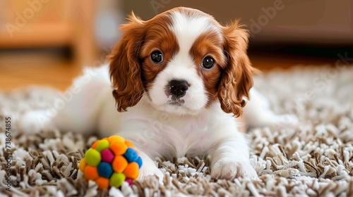 cavalier king charles spaniel puppy playing with toy photo