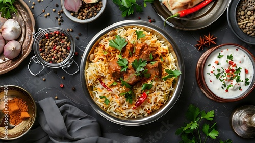 Indian biryani with fragrant basmati rice, tender meat, and aromatic spices, served with raita photo