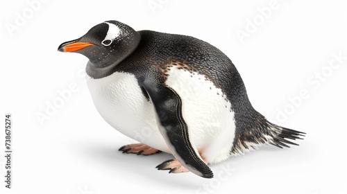 Playful penguin sliding gracefully on ice against a plain white background