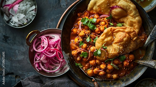 Indian chole bhature with spicy chickpea curry and deep-fried bread, served with pickled onions photo