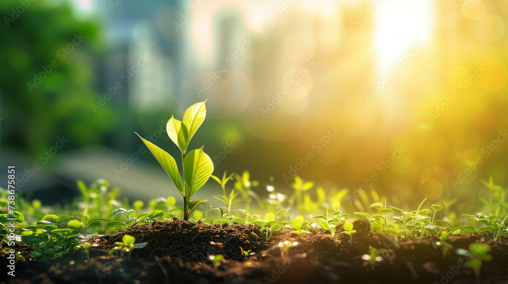 Morning sun shines to the seedling are growing from the rich soil with blurred building background. Development, ESG, Credit Carbon, Green business and sustainability investment concept. - obrazy, fototapety, plakaty 