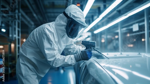 Auto Body Work Expert in Action Spraying Paint in a Well-Lit Workshop