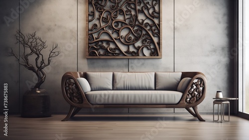 A stylish interior concept with a chic sofa  a minimalist table  and a wall featuring intricate patterns  creating a visually stunning focal point.
