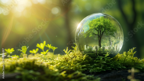 Sunlight illuminates a tree and city in a glass sphere on green bokeh background, Earth Day, World Environment Day, eco-friendly, ESG, green business and sustainable investments concept.
