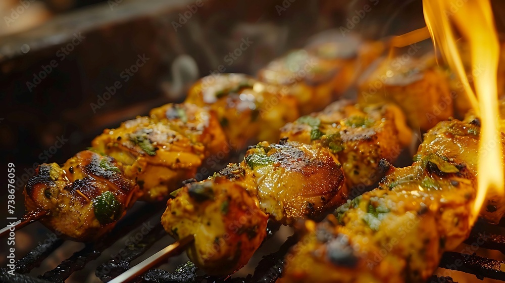 Indian murg malai tikka creamy yogurt-marinated chicken skewers grilled in a tandoor oven, served with mint chutney