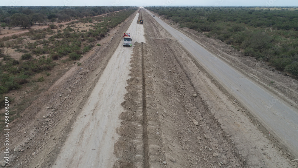 Naklejka premium construction machines at works, dozer, roller machine, excavator, crawler rock drill machine, trucks, GPS grader