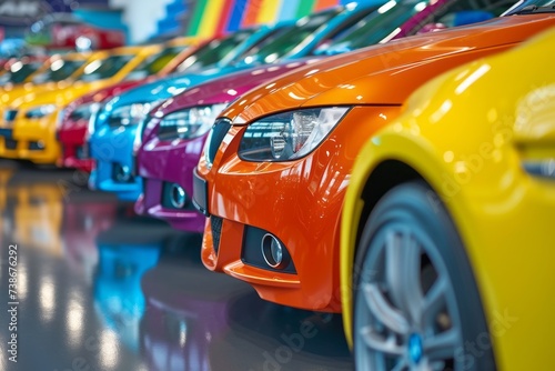 Rainbow of Choices: New Car Selection at Modern Dealership Showroom © Georgii