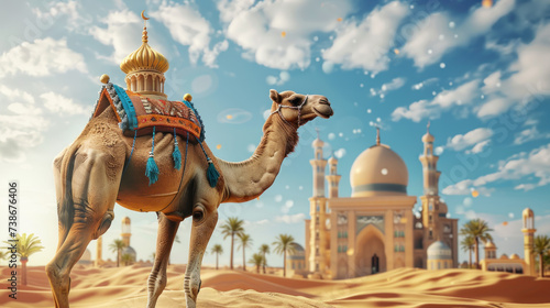 Close up of a Camel on desert with a mosque and palm tree sunny day blue sky with clouds, Eid ul Adha background