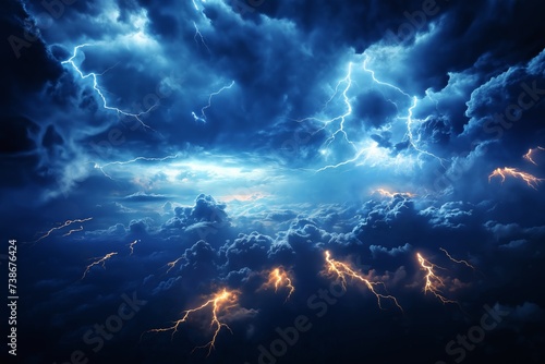 dramatic stormy sky with lightning and dark cumulus clouds aerial view for abstract background
