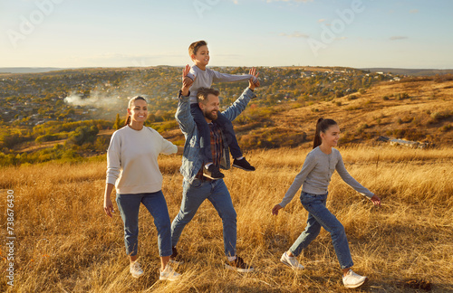 Happy family nature outdoor trip, spending weekend holiday together, parents, children enjoy time. Family friendly event to celebrate inspiring vacation, resting recreation activity, walking adventure