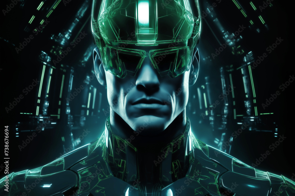 portrait of a male soldier in a military uniform and a glass helmet, against a dark background, green color, science fiction concept and cyber art