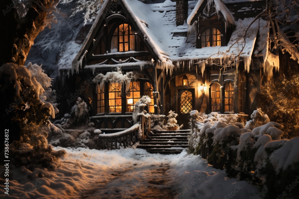 Obraz premium village street in winter season decorated for Christmas or New Year holiday, beautiful view of exteriors of houses , snow, sunset, street lights, festive environment