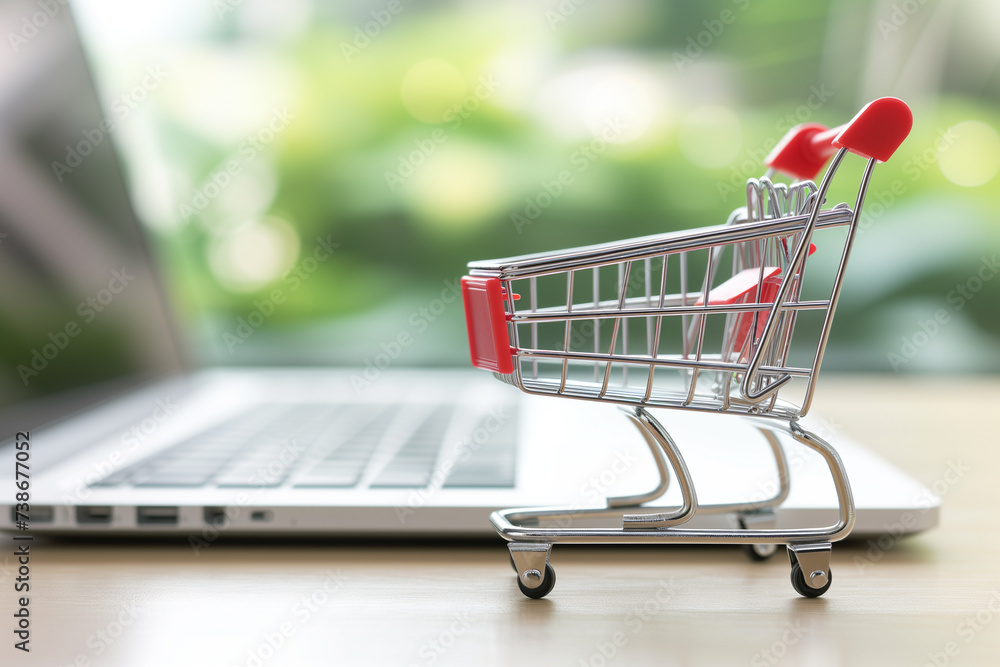 Online Shopping Concept with a Mini trolley and laptop keyboard for e-commerce.