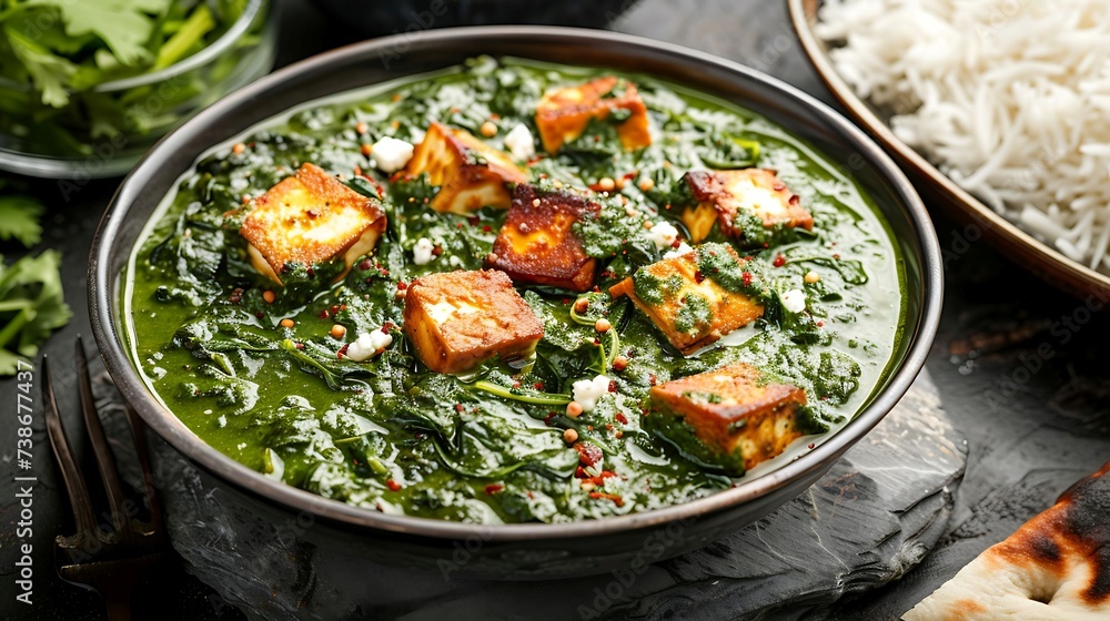 Indian saag paneer creamy spinach and fenugreek curry with paneer cheese, served with rice or