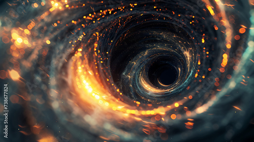 the depths of a 3D-rendered black hole at the center of a vortex, where luminous particles leave mesmerizing traces in a fantastic wallpaper. 