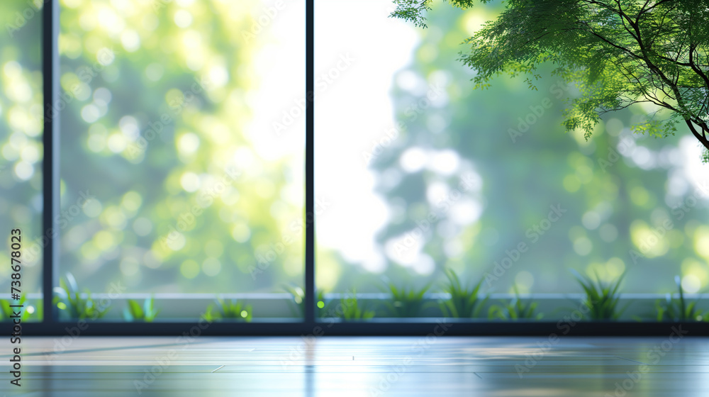 Fototapeta premium An office with wide open spaces and a beautiful view of nature through large windows. Environmentally friendly.