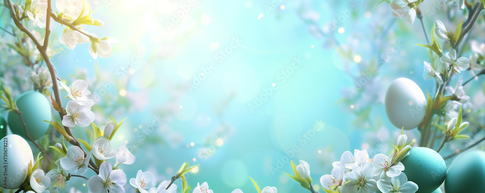 Easter-themed banner or invitation template featuring beautifully Easter eggs nestled amidst vibrant green spring foliage against a blue sky with sunshine backdrop, Easter Day celebrations. - obrazy, fototapety, plakaty 