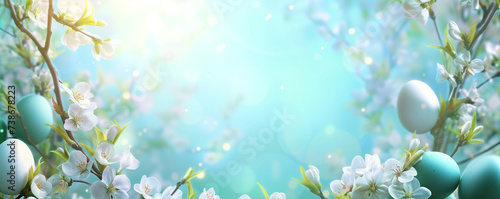 Easter-themed banner or invitation template featuring beautifully Easter eggs nestled amidst vibrant green spring foliage against a blue sky with sunshine backdrop, Easter Day celebrations. photo
