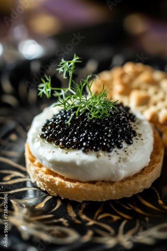 caviar on sour cream cheese and a slice of bread appetizer closeup at fancy restaurant. Food catering at event.