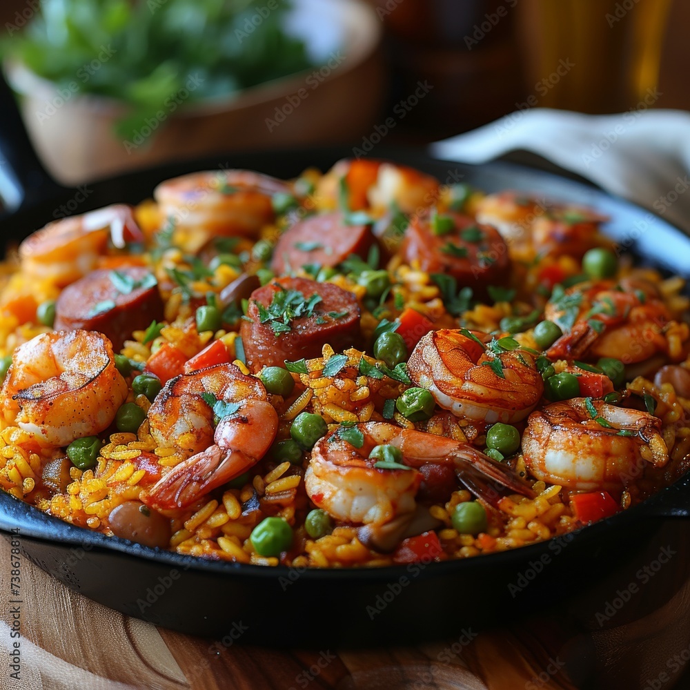 Traditional Spanish Paella: An authentic shot of Spanish paella with saffron-infused rice, seafood, and chorizo Traditional Spanish Paella: An authentic shot of Spanish paella with saffron-infused rice, seafood, and chorizo
