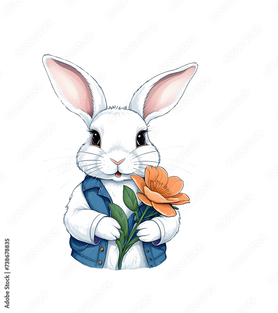 bunny in a blue vest with an orange flower in her hands. isolate on white. PNG available on transparent.