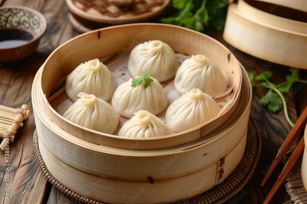 Chinese steamed dumplings. Steamed Xiao Long Bao Dumplings Elegantly Presented in a Bamboo Steamer. Chinese steamed dumplings. Steamed Xiao Long Bao Dumplings Elegantly Presented in a Bamboo Steamer.