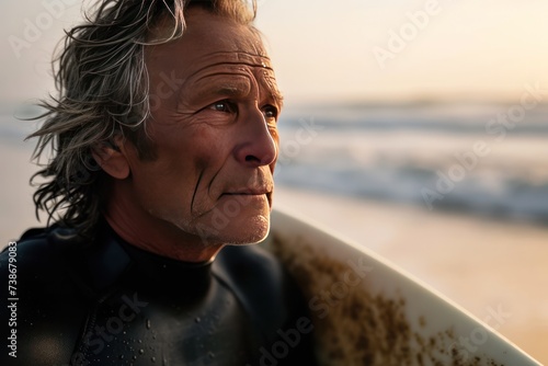 senior man surfer portrait face closeup at sunset standing in the ocean with sandy surfboard. Catching waves and surf camp trip. Active travel lifestyle when aging.
