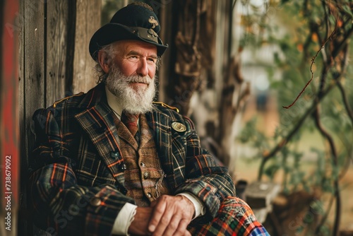 senior elegant Scottish man sitting, wearing traditional outfit kilt skirt. Scotland national clothes tradition.