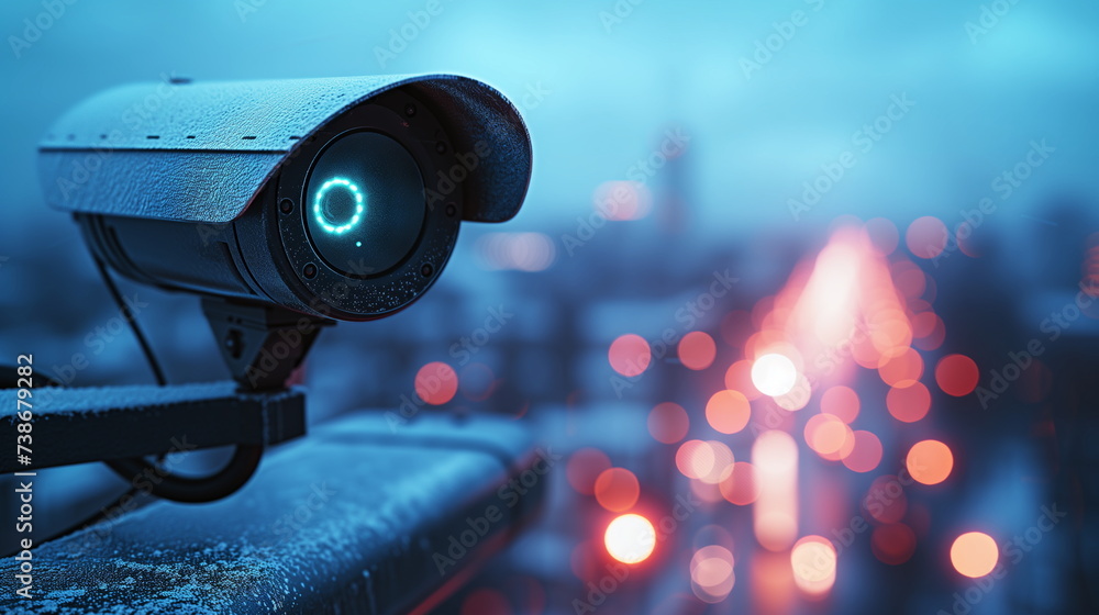 Security camera overseeing a busy city street at dusk with glowing lights.