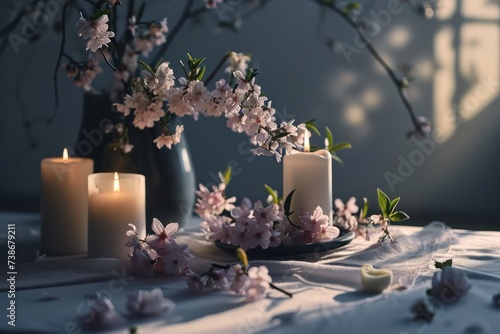 white spring sakura blossoms and burning  candles romantic minimal still life with gray wall background. Easter and springtime. 