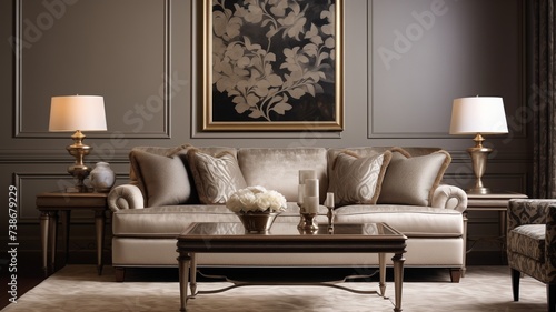 A transitional living room setup with a plush chenille sofa, a wooden coffee table, and a wall featuring an elegant damask pattern in subtle metallic tones. photo