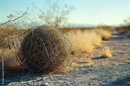 tumbleweed plant in the desert landscape by the road photo
