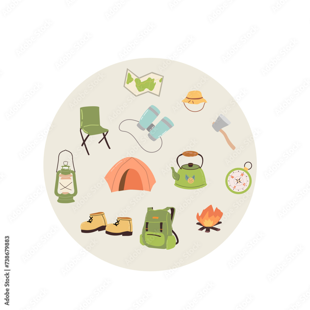 Round background of camp equipment. Vector illustration of backpack, kettle, tent. hiking boots, rope, fire. Round background of camp equipment. Vector illustration of backpack, kettle, tent. hiking boots, rope, fire.