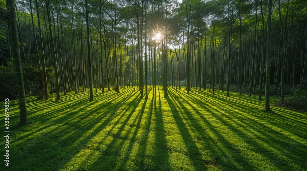 Fototapeta premium Tranquil Bamboo Forest with Sunlight Filtering Through: A serene bamboo forest with sunlight filtering through the dense foliage, creating a calming atmosphere.
