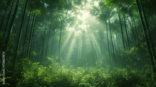 Tranquil Bamboo Forest with Sunlight Filtering Through: A serene bamboo forest with sunlight filtering through the dense foliage, creating a calming atmosphere. © Nico