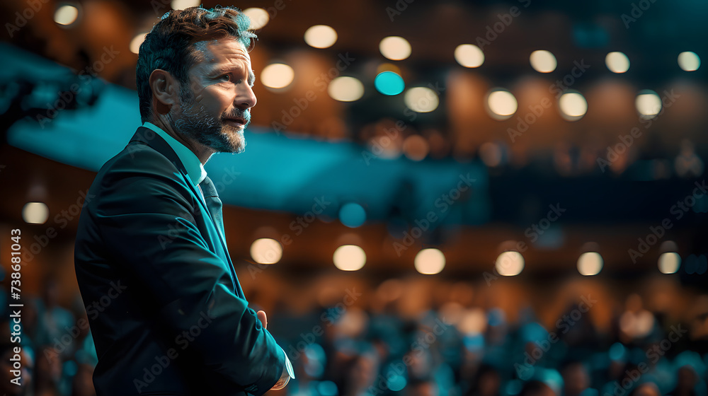 A powerful image capturing an inspiring conference speaker on stage, delivering a captivating speech. Perfect for conveying motivation and energy. A powerful image capturing an inspiring conference speaker on stage, delivering a captivating speech. Perfect for conveying motivation and energy.