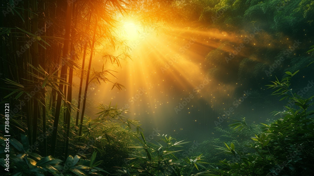 Fototapeta premium Tranquil Bamboo Forest with Sunlight Filtering Through: A serene bamboo forest with sunlight filtering through the dense foliage, creating a calming atmosphere.