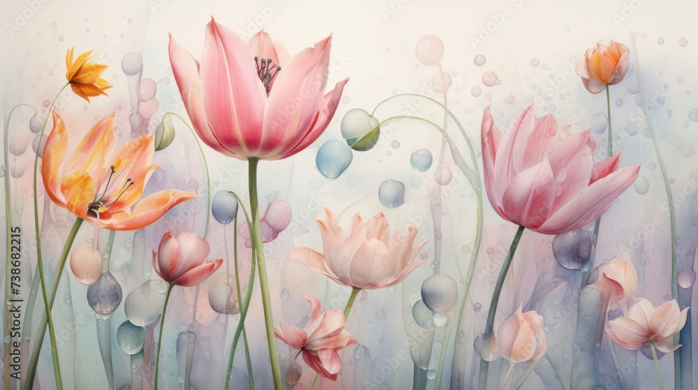 a watercolor painting of tulips and other flowers, in the style of water drops