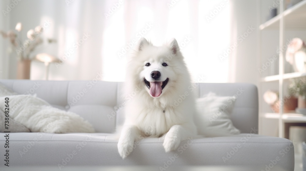 a white dog is sitting on top of a white sofa a white dog is sitting on top of a white sofa