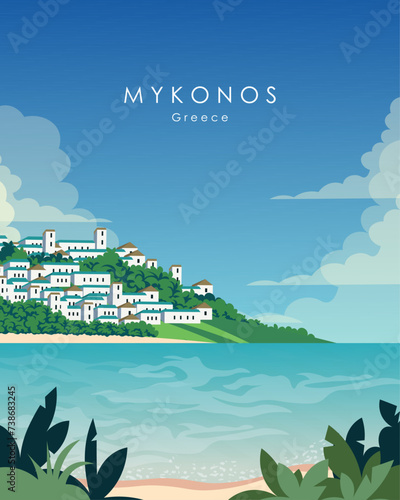 Mykonos Greece, travel poster, vertical banner, postcard.