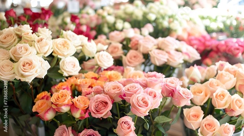 A lush display of assorted roses in various shades of pink  peach  and white  artfully arranged in vases at a bright flower market.. 