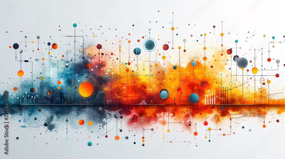 © © Raymond Orton - Abstract fractal art background of orange, red and blue spots and lines, with copy space.