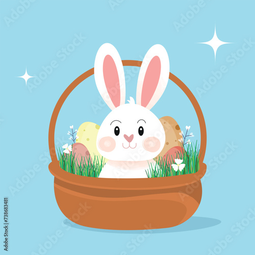 easter bunny, easter eggs inside a basket illustration vector