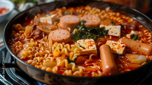 Korean budae jjigae army stew with spam, hot dogs, instant noodles, kimchi, and tofu in a spicy broth photo