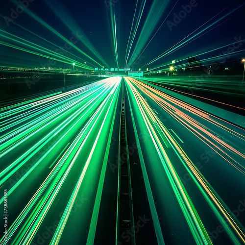 the speed of light in a neon-lit highway, with green lights streaking across the scene, creating a visually dynamic and energetic atmosphere