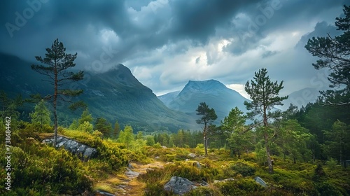 Norwegian mountain landscape with cloudy sky and pine trees